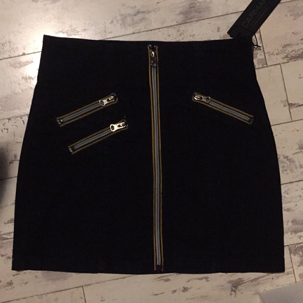 Carmar Black & Yellow Zip Up Denim Mini Skirt size 25